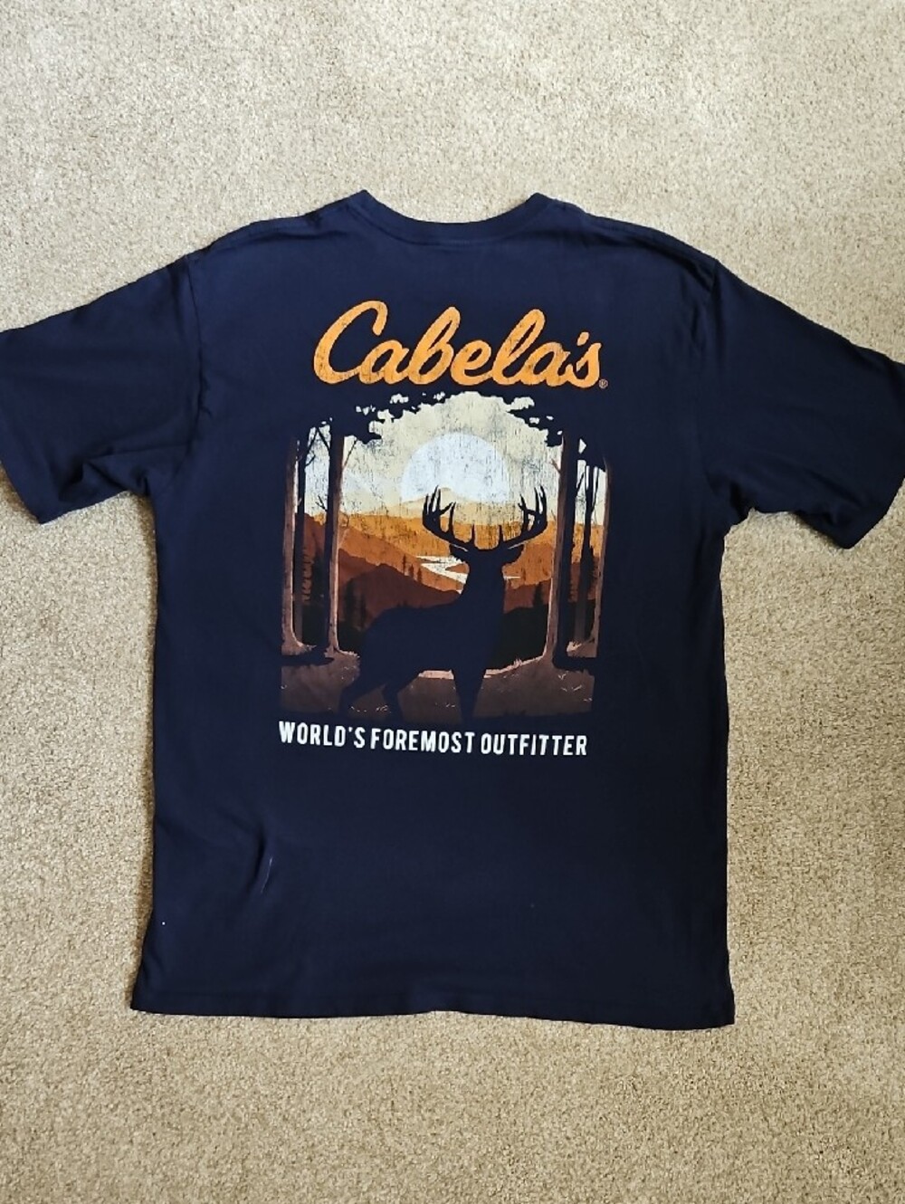 Cabela's Size L Men's Navy Tee with Sunset Deer Graphic On Back - Picture 4 of 12